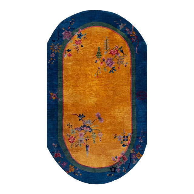 1920s Orange Floral Modern Antique Chinese Art Deco Carpet Oval Small Rug For Sale