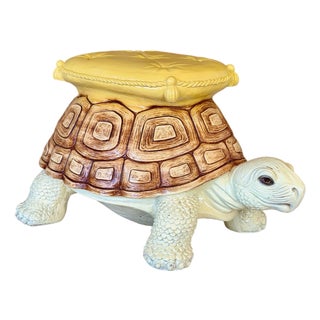 Vintage Hollywood Regency Cast Resin Turtle Garden Stool - Accent Table For Sale