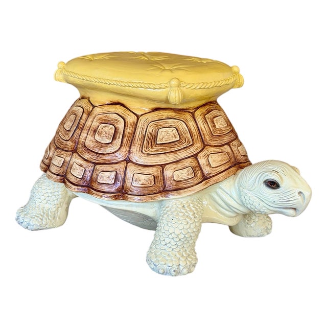 Vintage Hollywood Regency Cast Resin Turtle Garden Stool - Accent Table For Sale
