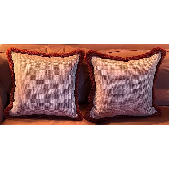 Custom Red & White Woven Chevron Pillows With Passementerie Fringe Trim - A Pair For Sale - Image 9 of 10