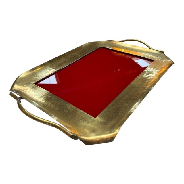 Italian Hammered Brass and Red Lacquer Serving Tray, Mid-Century For Sale