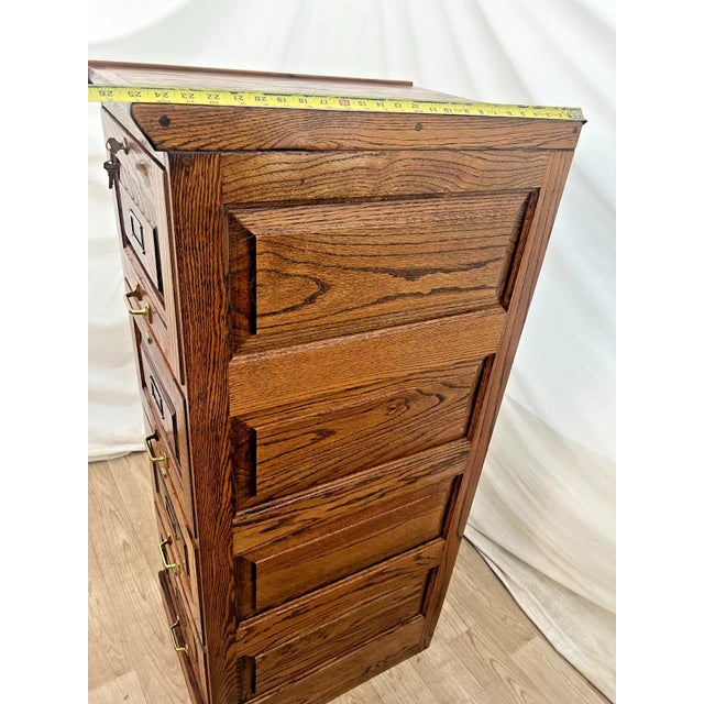 Vintage Dark Tiger Oak File Cabinet Four Locking Drawers, Paneled Sides Legal For Sale - Image 9 of 11