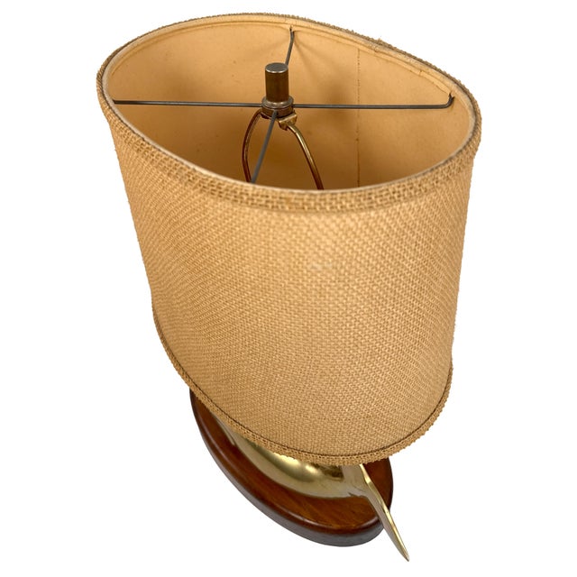 Vintage 1970s Brass Whale Table Lamp W/ Walnut Wood Base & Grasscloth Shade For Sale - Image 16 of 18