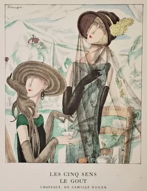 1922 French Fashion Pochoir, Women Having Tea