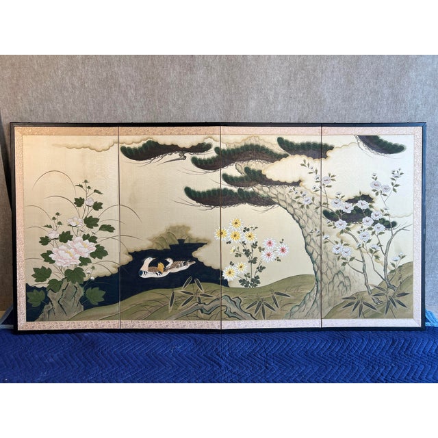 Vintage Mid 20th Century Chinese 4 panel, hand painted on silk, artist signed folding screen with brackets for hanging on...