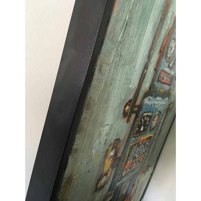 21st Century Bradford Solomon Oil on Canvas Vintage Curly the Robot Framed Contemporary Large Still Life Blue Red Yellow For Sale - Image 9 of 10