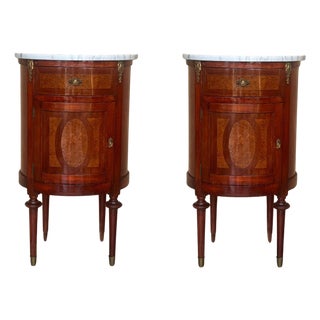 Late 19th Century Louis XVI Style Pair of Marquetry Nightstands with Marble Top For Sale