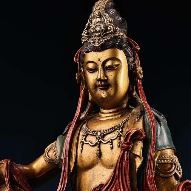 Painted Gilt‑Bronze Water‑Moon Guanyin Statue, Chinese Free‑Seated Avalokiteshv Figure For Sale - Image 10 of 10