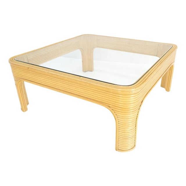 Blond Rattan Bamboo Rounded Corners Square Glass Top Coffee Table 1970's Frankl For Sale