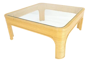 Blond Rattan Bamboo Rounded Corners Square Glass Top Coffee Table 1970's Frankl