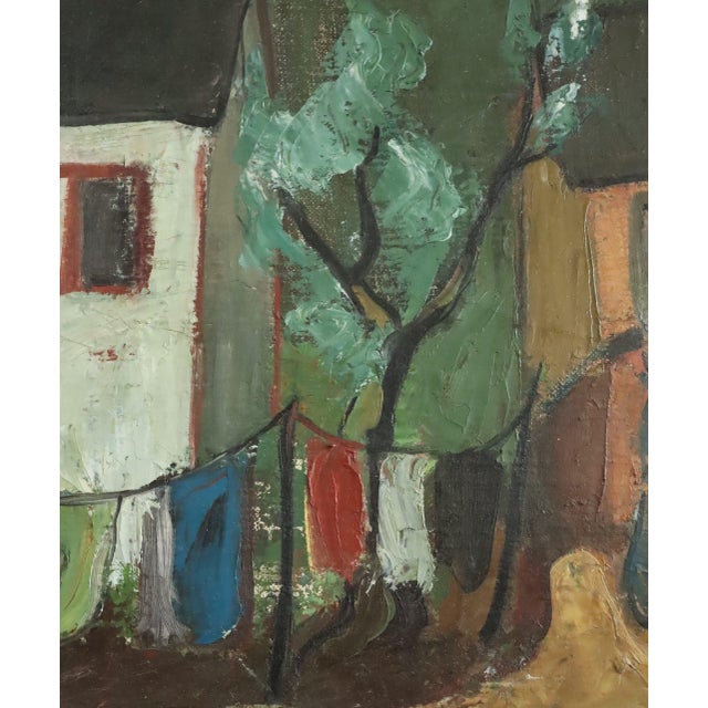 Mid-Century Modern 'Village Courtyard' Vintage Original Landscape Oil Painting, Framed For Sale - Image 12 of 14