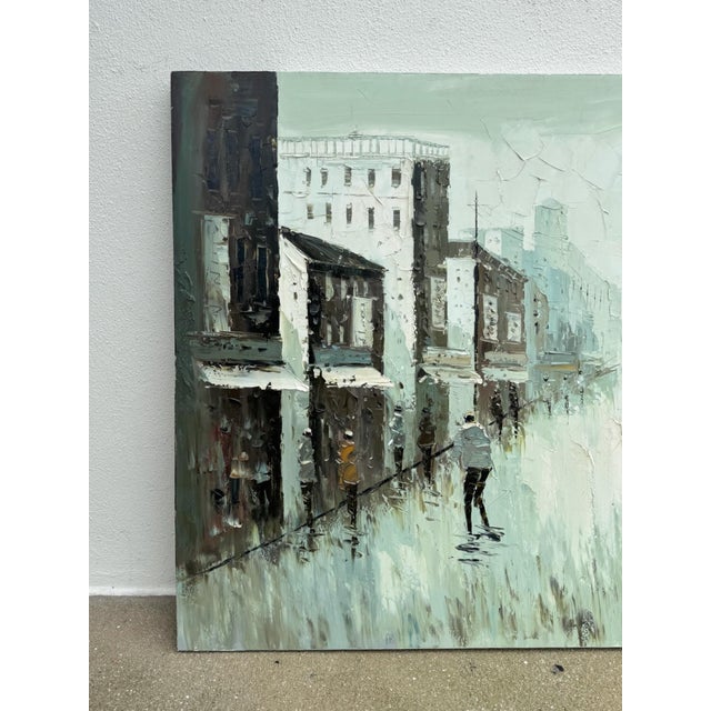 Mid 20th Century Rainy Cityscape Oil Painting Brutalist Impasto Figurative Street Scene For Sale - Image 5 of 10