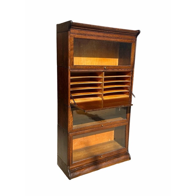 Antique Arts & Crafts Four Section Tiger Oak Lyre Carved Barrister Bookcase For Sale - Image 4 of 11