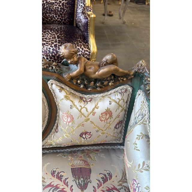 Vintage Louis XVI Cherub Sofa Biege & Sage Green For Sale In Orlando - Image 6 of 7
