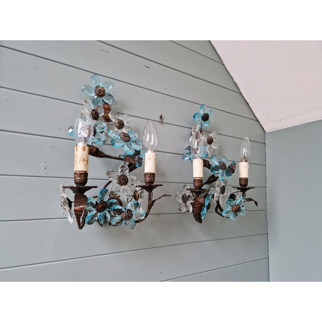 Murano Crystal Floral Wall Sconces, 1950s, Set of 2 For Sale - Image 12 of 15