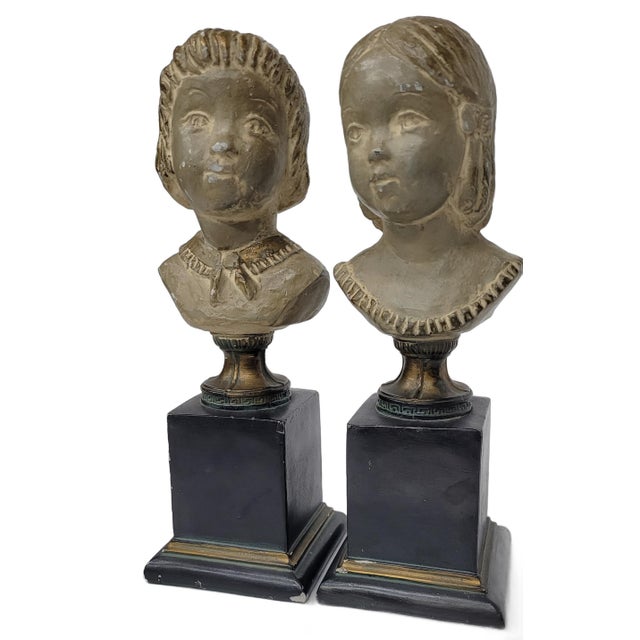 Antique Terracotta Italian Signed Pierra Pair of Boy & Girl Sculpture Bust Statues Italy For Sale - Image 4 of 12