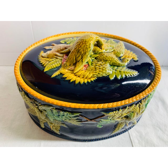 Mid 19th Century Antique Majolica Cobalt Blue Rabbit and Game Bird Tureen Dish With Lid by