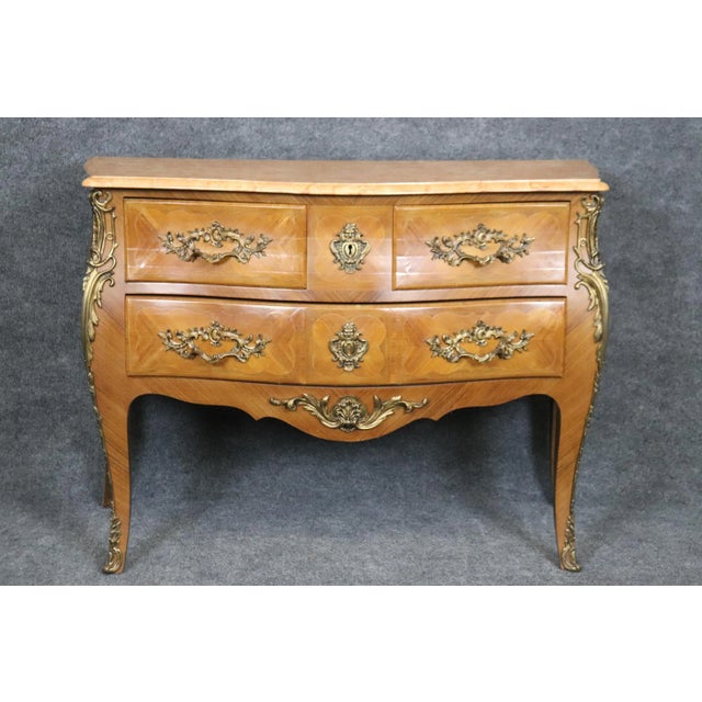 Wood Pale Walnut French Louis XV bronze Mounted Marble Top 3 Drawer Commode For Sale - Image 7 of 12