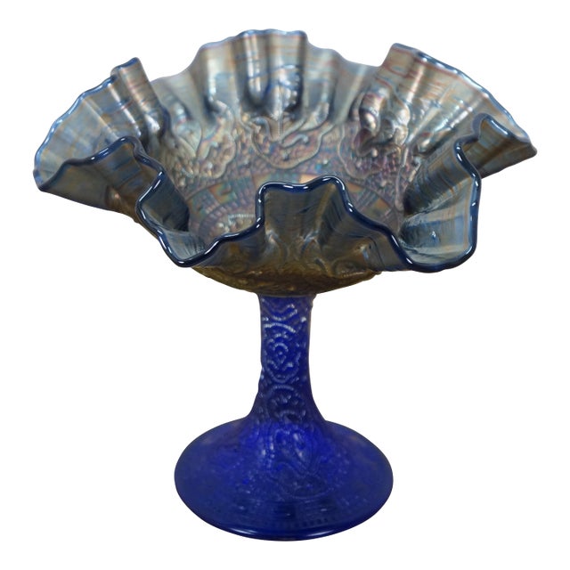 Antique Fenton Cobalt Blue Iridescent Carnival Glass Persian Medallion Compote For Sale