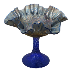 Antique Fenton Cobalt Blue Iridescent Carnival Glass Persian Medallion Compote