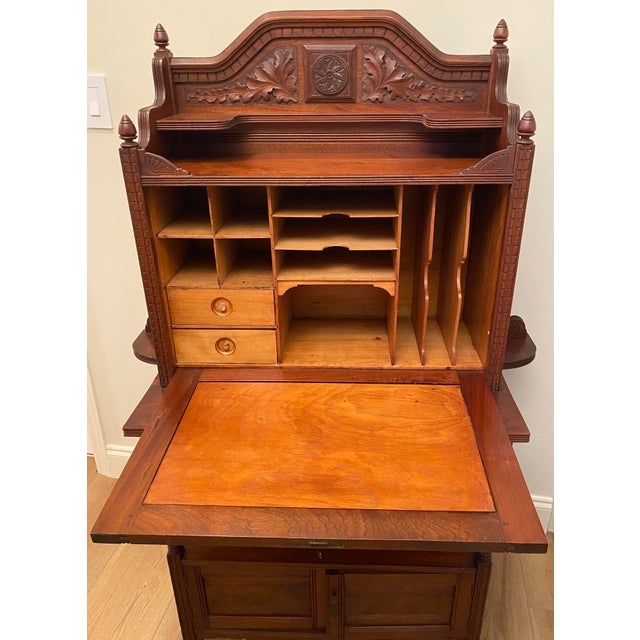 Wood Antique Victorian Art Nouveau Carved Walnut Secretary Desk, Late 19th Century For Sale - Image 7 of 8