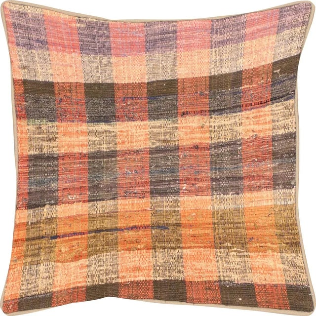 1960s Turkish Rag Pillow. Sewn with fragments of vintage hand made Anatolian cotton & linen kilims. Fiber fill. 523055