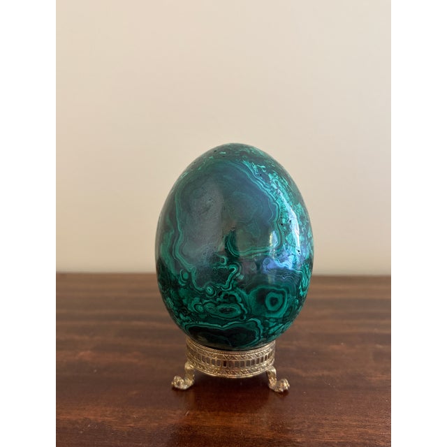 Metal Large Solid Malachite Egg on Neoclassical Brass Stand With Paw Feet For Sale - Image 7 of 10