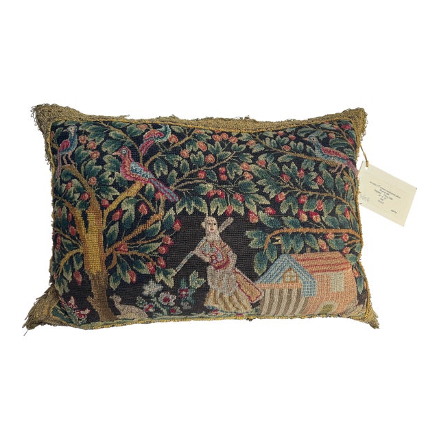 Early 17th Century English Needlepoint Tapestry Pillow With Garden Figure and Birds For Sale