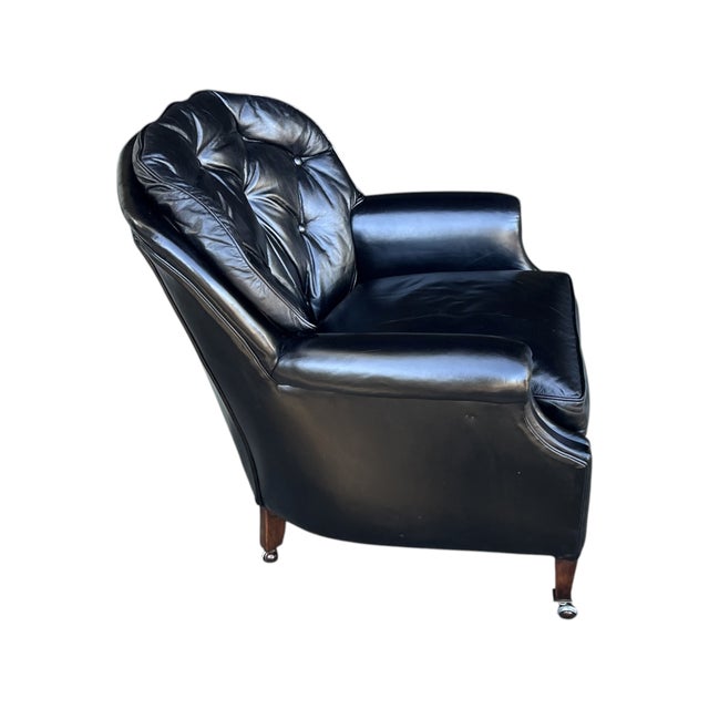Vintage English Black Leather Club Chair With Tufted Back & Casters For Sale - Image 10 of 12