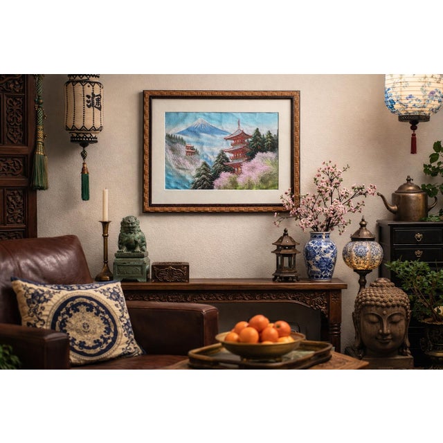 This vintage Japanese silk embroidery features a serene and iconic landscape depicting Mount Fuji rising above misty...