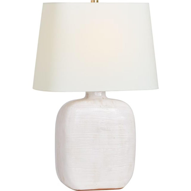 Transitional Chapman & Myers by Visual Comfort Signature Pemba Medium Combed Table Lamp in Glossy White Crackle with Linen Shade For Sale - Image 3 of 3