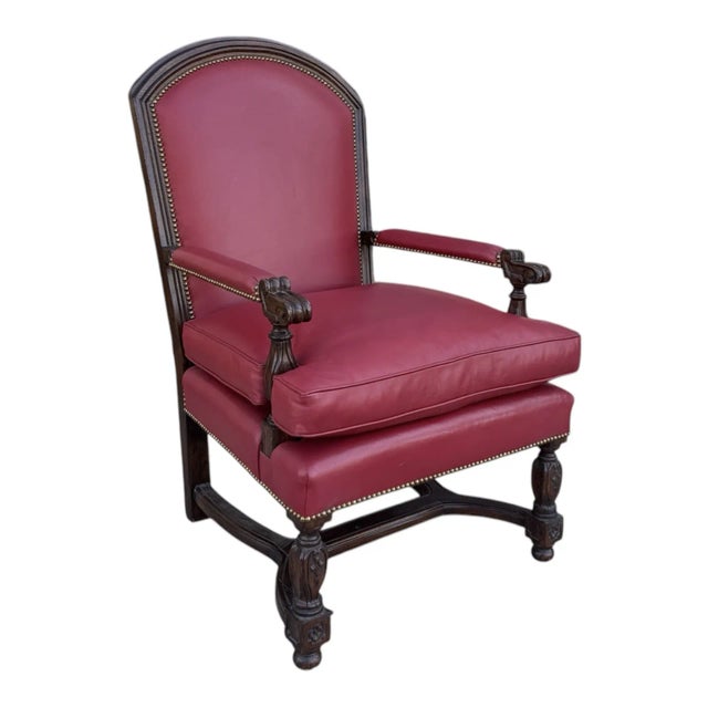Louis XIV Style Red Leather Occasional Arm Chair by Charles Pollock. With nail head trim. Signed to bottom.