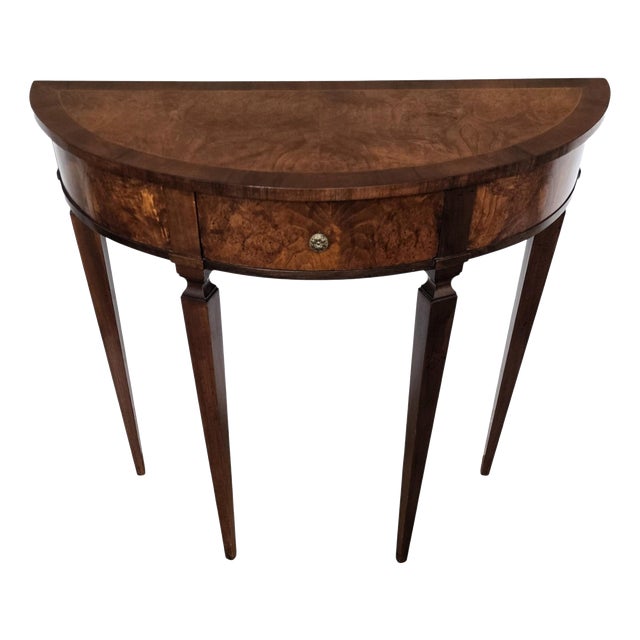 Mid-Century Italian Regency Demi Lune Burl Wood Veneer Wall Console Side Table, 1960s For Sale