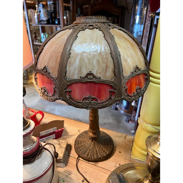 Late 19th Century Antique Bent Caramel, Red /Orange Slag Glass Table Lamp For Sale - Image 5 of 12