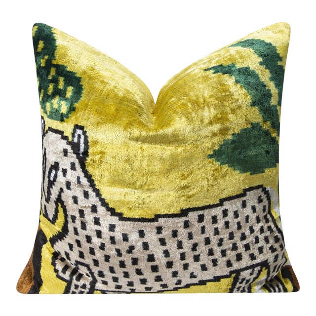 Handmade Silk Velvet Animal Design Throw Pillow, Bold Yellow, Green, and Beige With Down Feather Insert For Sale
