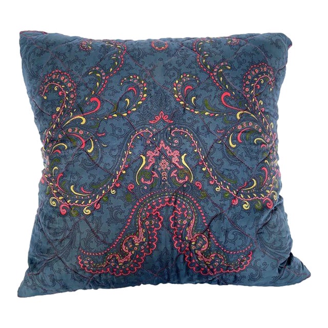 Vintage Blue Paisley Silk Twill Scarf Throw Pillow Cover For Sale
