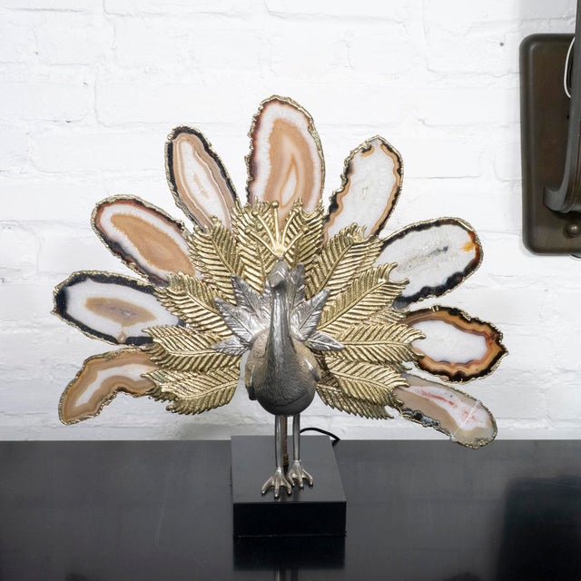1970s Brass and agate peacock sculpture with lights For Sale - Image 5 of 11
