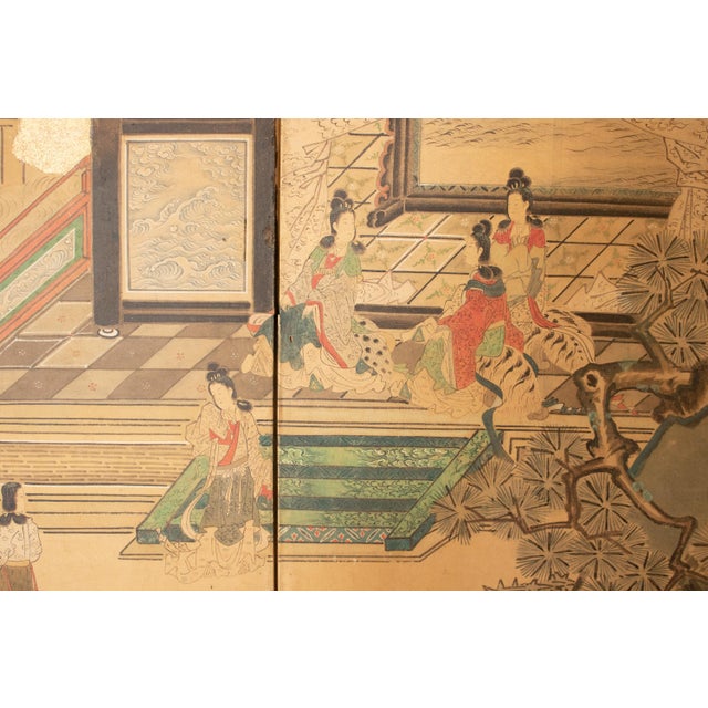Meiji Era XL Japanese Yamato-E Style 6-Panel Byobu Screen "Chinese Palace Courtyard" For Sale - Image 15 of 18