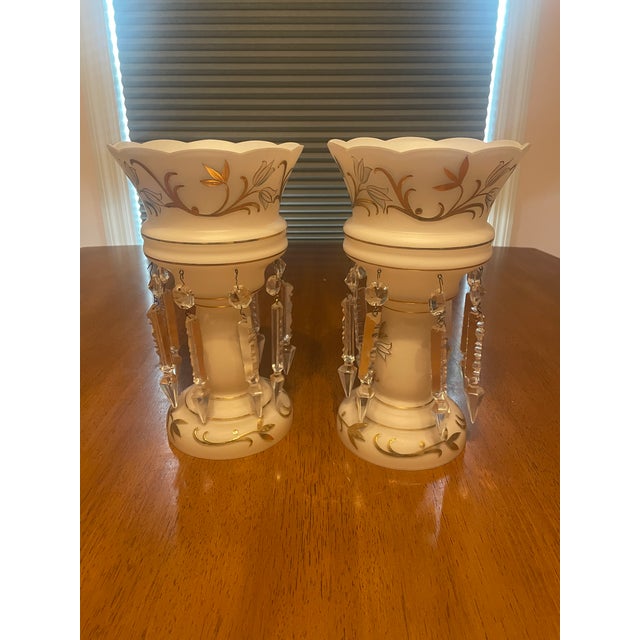Victorian Pair of White Mantel Lustres With Crystal Prisms and Gold Floral Decoration For Sale - Image 3 of 7