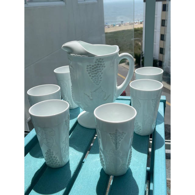 Mid-Century Indiana Heavy Milk Glass Paneled Colony Harvest Grape Vine Pitcher & Tumblers Set- 7 Pieces For Sale - Image 11 of 12