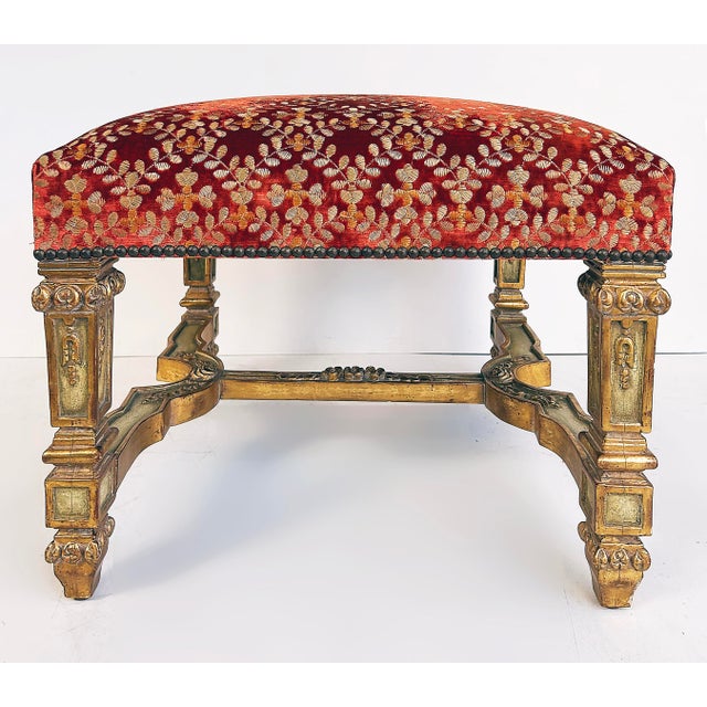 Late 20th Century Carved Giltwood Ottomans/Benches, Embroidered Seats, Nailheads, Pair, Louis XIV For Sale In Miami - Image 6 of 11