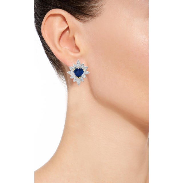GIA Certified Ceylon Heart Shape Sapphire & 3.5 Carat Diamond Stud Earring 18KG For Sale - Image 4 of 18