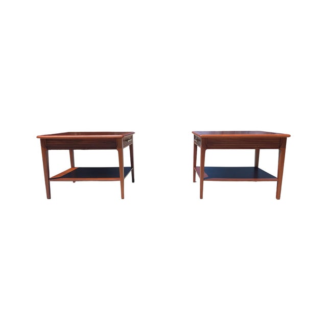 Brown Vintage Mid Century Modern Pair 1960s Attributed to Lane Walnut Pair Side End Tables Restored Set of 2 Restored Brass For Sale - Image 8 of 12