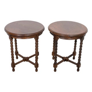 Pair of French Louis XIII Style Round Bobbin Leg Side Tables For Sale