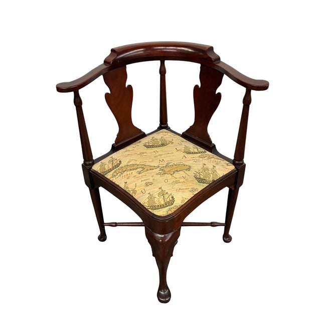 Late 20th Century Vintage Queen Anne Style Corner Chair With Nautical Map & Sailing Ship Upholstery For Sale - Image 5 of 12