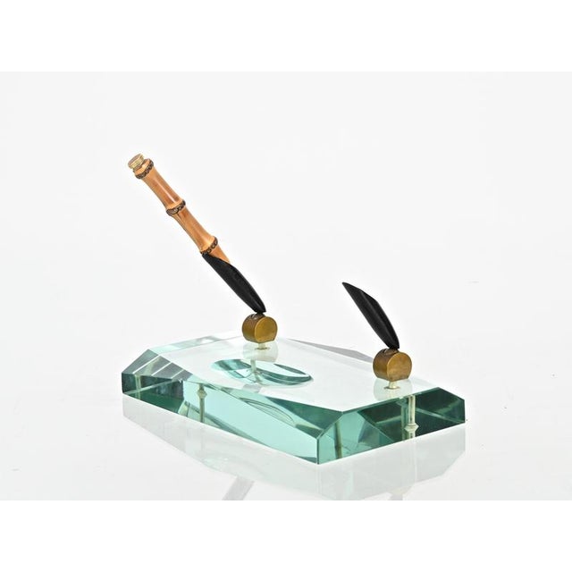 Gold Beveled Nile Green Crystal and Brass Pen Holder attributed to Fontana Arte, Italy, 1950s For Sale - Image 8 of 16