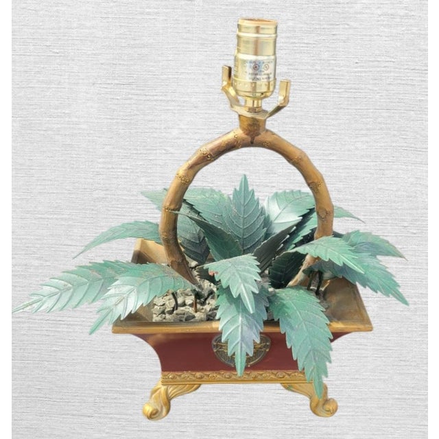 Maison Jansen Vintage Tole Metal Palm Leaf Faux Bamboo Cache Pot Regency Wicker Shade Table Lamp For Sale - Image 4 of 9