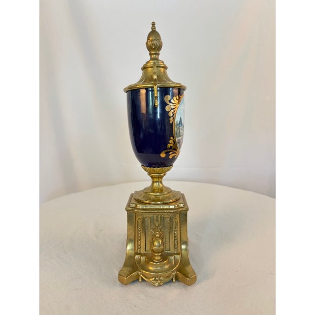 Brass Vintage Italian Sèvres Style Hand-Painted Porcelain Urn With Ormolu Mounts For Sale - Image 8 of 12