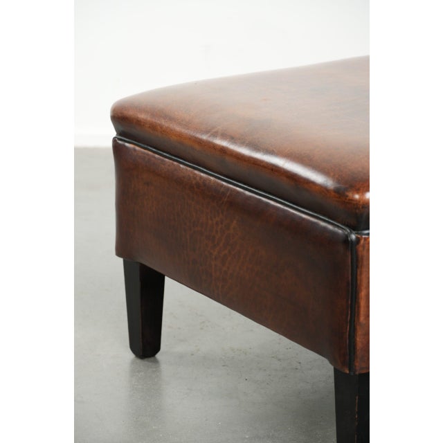 Large Dark Brown Square Ottoman Made of Sheepskin with Black Piping For Sale - Image 11 of 12