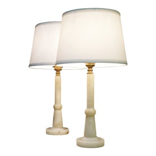 1930s Art Deco Streamline Alabaster Marble Brass Candlestick Table Lamps Italy - a Pair For Sale